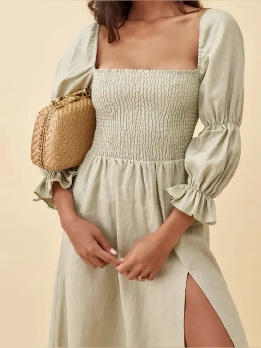 Reformation Hyland Smocked Maxi Dress with Ruffle Puff Sleeves - M